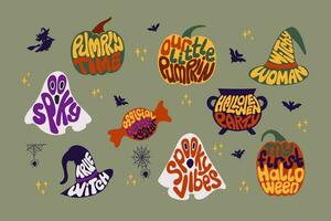 retrò Groovy colorato lettering nel Halloween forme. tipografico piatto isolato adesivi o stampe . vacanza raccapricciante e impaurito slogan. mano disegnato citazioni. ideale per maglietta Stampa, decorazione vettore