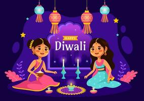 contento Diwali indù vettore illustrazione con indiano rangoli e fuochi d'artificio sfondo per leggero Festival di India nel piatto bambini cartone animato design