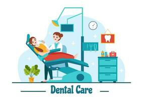 dentale cura vettore illustrazione con dentista trattamento umano denti e pulizia utilizzando medico attrezzatura nel assistenza sanitaria piatto cartone animato sfondo design