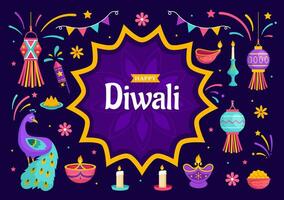 contento Diwali indù vettore illustrazione con indiano rangoli e fuochi d'artificio sfondo per leggero Festival di India nel piatto bambini cartone animato design