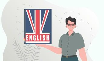 il concetto di apprendimento inglese. un' uomo detiene un inglese dizionario nel il suo mani. di moda cartone animato stile. vettore illustrazione.