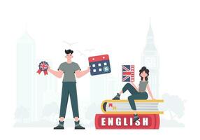 il concetto di apprendimento inglese. uomo e donna inglese insegnante. piatto moderno stile. vettore illustrazione.