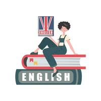 un' donna si siede su libri e detiene un inglese dizionario nel sua mani. il concetto di apprendimento inglese. isolato. di moda piatto stile. vettore illustrazione.