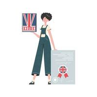 un' donna detiene un inglese dizionario e un' certificato nel sua mani. il concetto di apprendimento inglese. isolato. di moda cartone animato stile. vettore illustrazione.