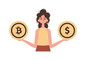 un' donna detiene nel sua mani un' bitcoin e un' dollaro nel il modulo di monete. personaggio nel di moda stile. vettore