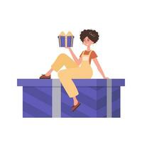 un' donna si siede su un' regalo. moderno piatto colorato vettore illustrazione.