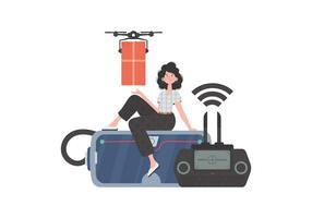 il concetto di carico consegna di aria. un' donna controlli un' quadcopter con un' pacco. isolato su bianca sfondo. di moda stile. vettore. vettore