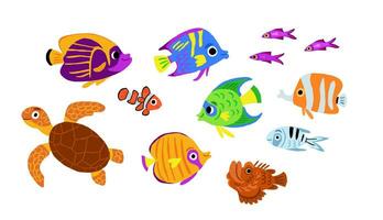 vettore sotto il mare impostare. oceano collezione con alghe, pesce, subacquei, sottomarino. cartone animato acqua animali e erbacce per bambini. clipart con devastato nave, delfino, balena, tartaruga, polpo