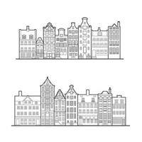 case vecchio stile di amsterdam. tipiche case sul canale olandesi allineate vicino a un canale nei Paesi Bassi. edificio e facciate per banner o poster. illustrazione di contorno vettoriale. vettore