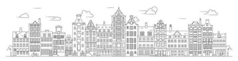 case vecchio stile di amsterdam. tipiche case sul canale olandesi allineate vicino a un canale nei Paesi Bassi. edificio e facciate per banner o poster. illustrazione di contorno vettoriale. vettore