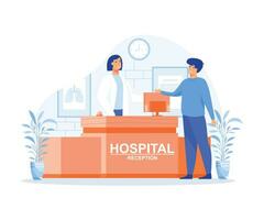 ospedale ricezione concetto, uomo chiede un' domanda per il ospedale Registrati ufficio, piatto vettore moderno illustrazione