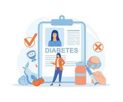 diabetico nutrizione per persone con diabete, glucometro per zucchero livello sangue test con dieta e malsano cibo, piatto vettore moderno illustrazione