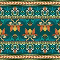 colorato antico greco floreale modello design per tessili. il tessuto modello con greco fiori, fogliame motivi, e geometrico forme su un' buio verde sfondo. vivace senza soluzione di continuità modello disegni. vettore