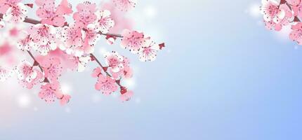 estate paesaggio vettore illustrazione. invito modello con rosa sakura. floreale saluto carta. bellissimo Stampa con fioritura buio e leggero ciliegia fiori su blu cielo. giapponese nozze stile.