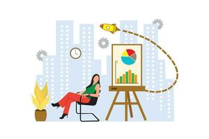 donna d'affari seduta su un' sedia e disegno un' attività commerciale grafico. vettore illustrazione