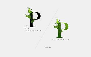 un' verde lettera p con le foglie e le foglie vettore