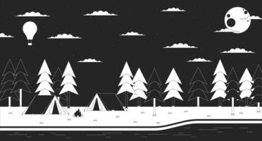 campeggio natura a notte schema 2d cartone animato sfondo. pieno Luna alberi. buio boschi. fiume campeggio lineare estetico vettore illustrazione. campo ore notturne piatto sfondo arte, monocromatico lofi Immagine