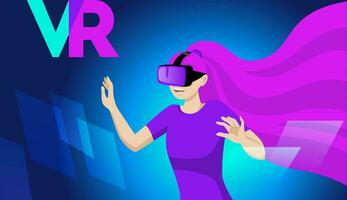 entusiasta donna nel virtuale la realtà occhiali. utilizzando un' virtuale la realtà cuffia. vettore illustrazione