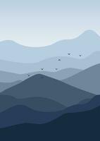 estetico minimalista nebbia montagne con volante uccelli manifesto Stampa vettore