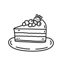un' pezzo di torta con frutti di bosco su un' piatto isolato su bianca sfondo. vettore disegnato a mano illustrazione nel scarabocchio stile. Perfetto per vario disegni, carte, decorazioni, logo, menù.