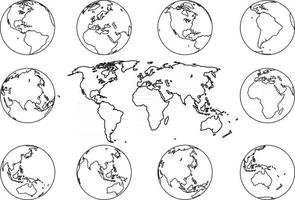 raccolta di disegni a mano libera della mappa del mondo. vettore