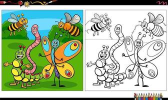 pagina del libro da colorare del gruppo di personaggi degli insetti dei cartoni animati vettore
