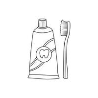 mano disegnato cartone animato vettore illustrazione dentifricio e spazzolino icona nel scarabocchio stile