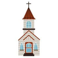 isolato religioso di legno bianca Chiesa con Torre e attraversare. spirituale architettura collezione. piatto vettore illustrazione su bianca sfondo.