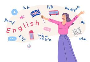 cartone animato colore personaggio donna e inglese linguaggio in linea servizio concetto. vettore