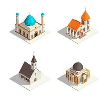 colore 3d moschea, cattolico Chiesa, protestante Chiesa e sinagoga concetto isometrico Visualizza. vettore