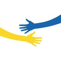 supporto Ucraina. aiuto, Salva, pregare per. Due mani colori di Ucraina bandiera. fermare guerra. blu e giallo. vettore