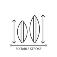 scegliendo l'icona lineare delle dimensioni della tavola da surf. a seconda del peso del surfista, abilità. tavola corta, tavola lunga. illustrazione personalizzabile linea sottile. simbolo di contorno. disegno vettoriale isolato profilo. tratto modificabile