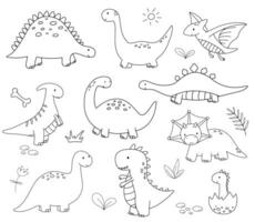 impostato di carino poco bambino dinosauri. vettore schema scarabocchio illustrazioni isolato su bianca sfondo per infantile colorazione libro. pterodattillo e t-rex