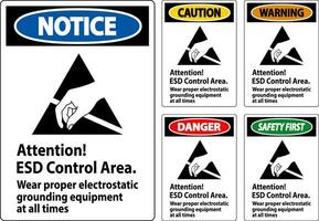 Avviso cartello Attenzione esd controllo la zona indossare corretto elettrostatico messa a terra attrezzatura a tutti volte vettore