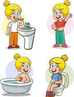 bambini lavaggio viso, lavaggio mani, spazzolatura denti, fare il bagno, lavaggio mani dopo WC.vettore illustrazione di un' del bambino bagno routine vettore