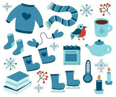 inverno elementi impostare. maglione, calzini, stivali, sciarpa, guanti, pattini. teiera e tazza. calendario dicembre. uccello ciuffolotto. fiocchi di neve. candele e libri. vettore piatto illustrazione.