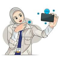 hijab poco ragazzo, scuola ragazza. un' giovane ragazza un' hijab allegramente assunzione un' autoscatto su un' smartphone. vettore illustrazione gratuito Scarica