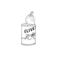 disegnato a mano in scatola olive, isolato cibo illustrazione. olive nel un ha aperto può vettore