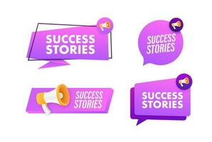 megafono etichetta impostato con testo successo storie. megafono nel mano promozione striscione. marketing e pubblicità vettore