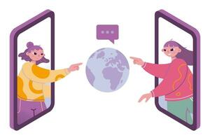 Due ragazze ragazza tocchi il globo attraverso un' smartphone, cartone animato stile. concetto di globale Internet comunicazione, connessione con il totale mondo e viaggio. vettore isolato illustrazione, piatto