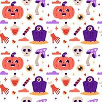 contento Halloween. senza soluzione di continuità modello. carino vettore illustrazione con zucca, mano con osso, caramella, pozione, cranio, lapide, fungo.