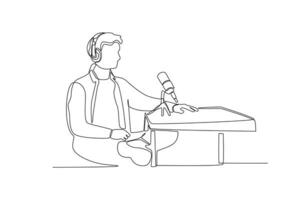 uno continuo linea disegno di uomo è ascoltando per il altro persona mentre registrazione Podcast vettore