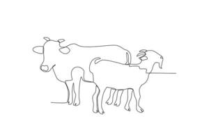 uno continuo linea disegno di sacrificale animali mucche e capre vettore