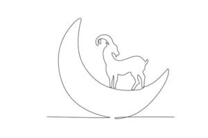 uno continuo linea disegno di capra al di sopra di Luna eid al adha concetto2 vettore