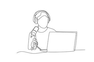 uno continuo linea disegno di uomo è preparazione per disco un' Podcast vettore