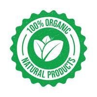 100 per cento naturale e biologico Prodotto distintivo, etichetta, gomma da cancellare francobollo, emblema, modello, biologico ingrediente distintivo, logo, adatto per Prodotto confezione design elementi con foglia vettore illustrazione