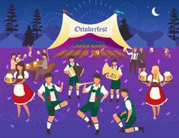 illustrazione vettoriale piatto oktoberfest. tenda della birra. musica e danze popolari. tradizionale festa della birra. camerieri in costumi nazionali. visitatori con tazze di alcol. personaggi dei cartoni animati di cameriera volksfest