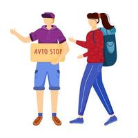 autostop esperienza piatto illustrazione vettoriale. idee di viaggio per i giovani. turismo economico. ragazzo e ragazza aspettano l'auto. idee di viaggio a buon mercato per gli studenti personaggio dei cartoni animati isolato su sfondo bianco vettore