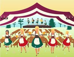 illustrazione vettoriale piatto oktoberfest. tenda della birra. esibizione musicale popolare, spettacolo della festa di ottobre. camerieri in costumi nazionali che servono bevande. festa della birra. personaggi dei cartoni animati volksfest