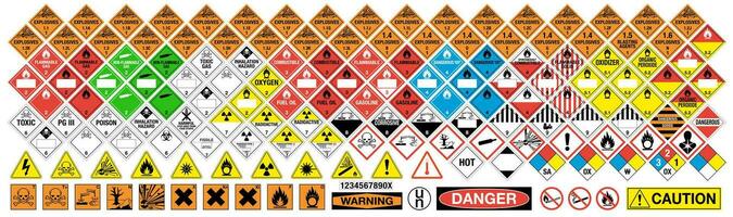 rischio vettore segni. tutti classi. tutti segni. vettore pericoloso Materiale segni collezione. Hazmat vettore isolato cartelli etichetta impostare.